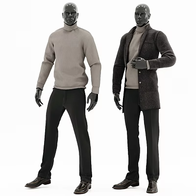 Two Male Models Wearing Turtleneck Sweater Coat Black Pants And Gloves On White Background 3d model