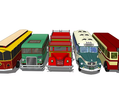 Vintage Buses Collection in Various Colors with Classic Designs Side View 3d model