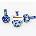 Blue and White Ceramic Vases with Dragon Patterns Displayed on White Background 3d model