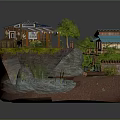 Cartoon Cliffside Scene With Small Houses Green Trees Stream Campfire And Wooden Bridge
