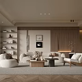 Modern Living Room Interior With White Sofas Wooden Walls Bookshelves Coffee Table And Rug