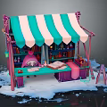 Cartoon Street Stall With Pink Green Striped Awning Bottles Books And Easel On Snowy Ground