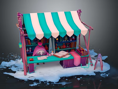 Cartoon Street Stall With Pink Green Striped Awning Bottles Books And Easel On Snowy Ground 3d model