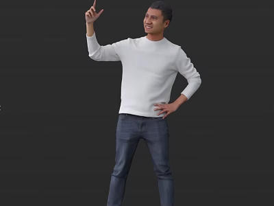 Smiling Man In White Long Sleeve Shirt Blue Jeans Pointing Up With Hand On Hip 3d model