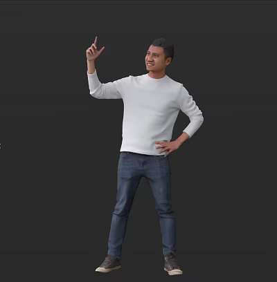 Smiling Man In White Long Sleeve Shirt Blue Jeans Pointing Up With Hand On Hip 3d model
