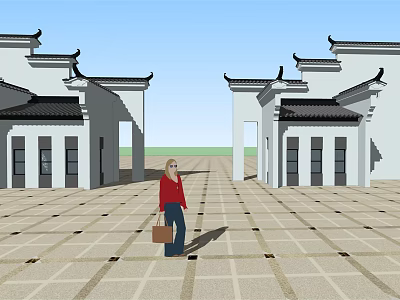Traditional Chinese Symmetric Buildings Around Stone Paved Courtyard With Person Standing 3d model