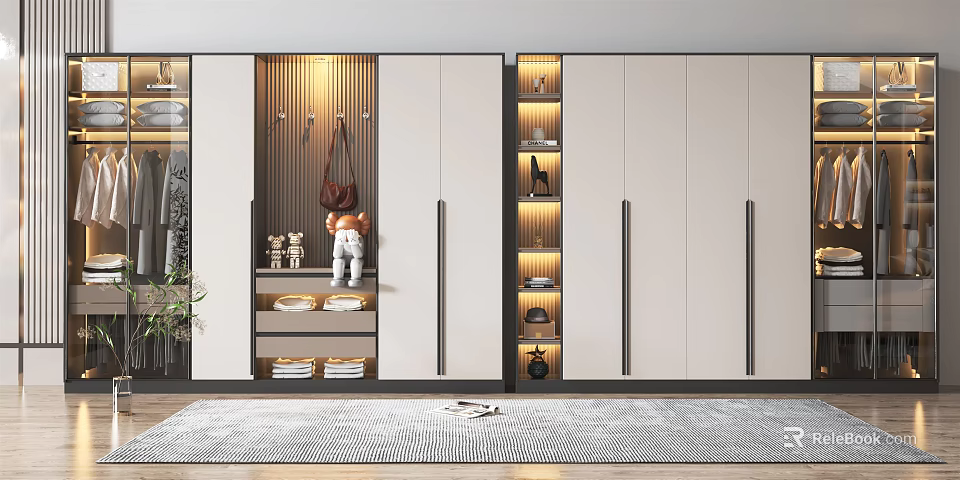 Modern Wardrobe Design With Storage Shelves Drawers And LED Lighting 3d model 