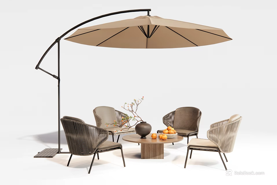 Four Woven Rattan Outdoor Chairs With Curved Patio Umbrella And Wooden Table Set 3d model 