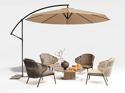 Four Woven Rattan Outdoor Chairs With Curved Patio Umbrella And Wooden Table Set 3d model