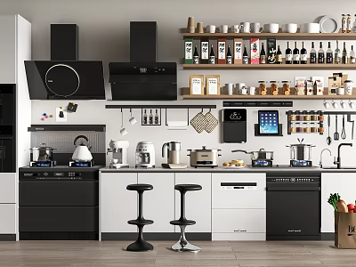 Modern Kitchen Interior With Neatly Arranged Spice Bottles On Cabinet Shelves 3d model
