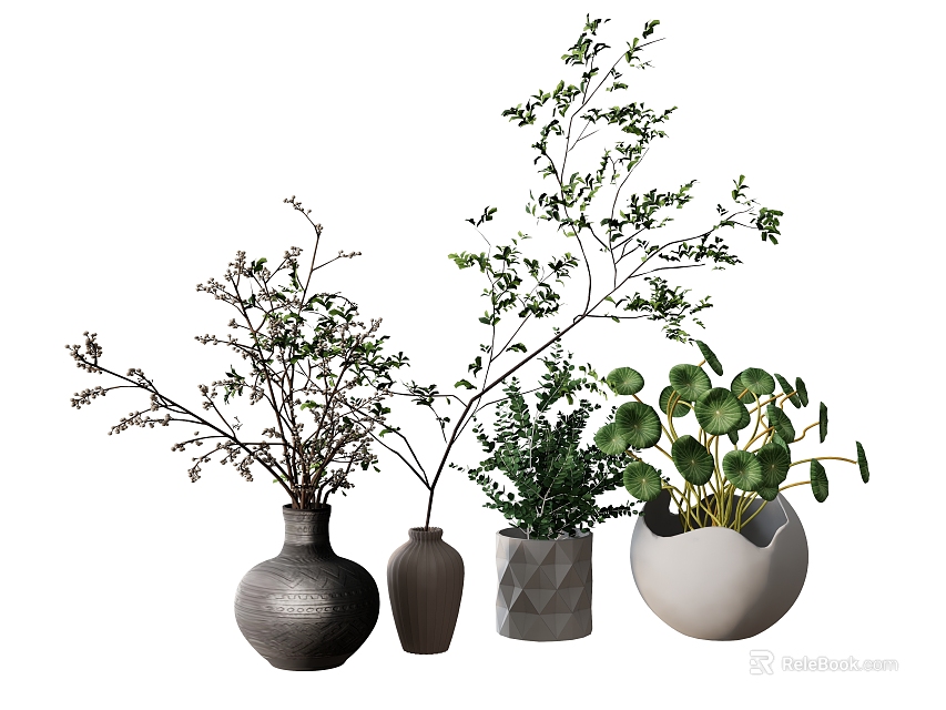 Decorative Vases with Assorted Shapes and Materials Holding Green Foliage and Branches for Indoor Decoration 3d model 