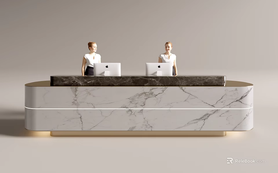 Modern Front Desk Reception With Marble Counter And Two Receptionists Using Laptops 3d model