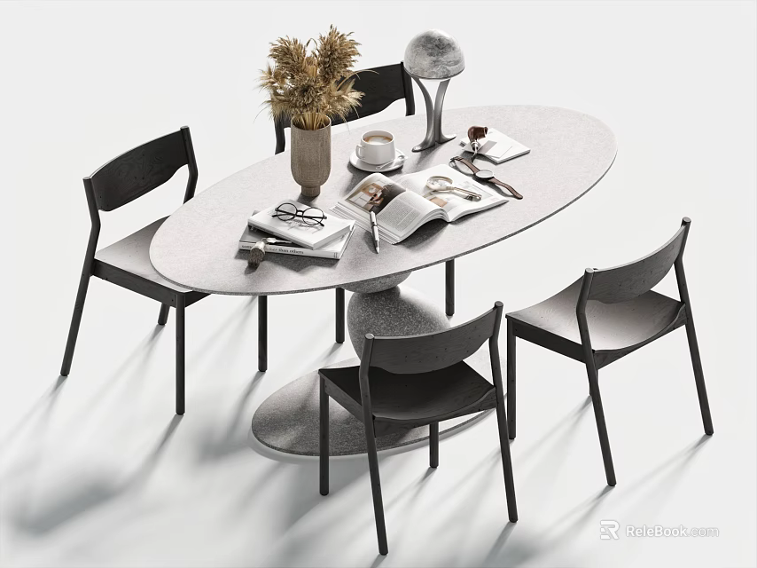 Modern Oval Dining Table and Black Chairs Set with Vase Dried Flowers Coffee Cups and Books 3d model 
