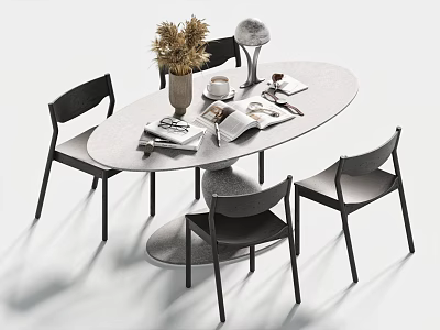 Modern Oval Dining Table and Black Chairs Set with Vase Dried Flowers Coffee Cups and Books 3d model