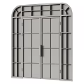 Modern Double Swing Door With Glass Panels And Metal Grid Frame