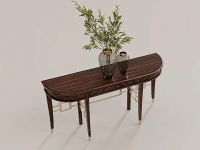 Minimalist Dark Wooden Long Table With Metal Legs And Green Plant In Vase 3d model