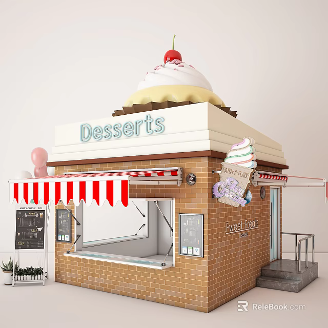Cute Dessert Shop Exterior With Cake Topper Red White Awning And Sweet Treats 3d model 