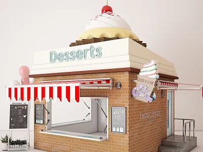 Cute Dessert Shop Exterior With Cake Topper Red White Awning And Sweet Treats 3d model