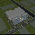 Modern Industrial Factory Building Near Canal With Glass Curtain Walls White Roof And Greenery