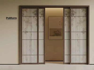 Japanese Style Sliding Doors Wooden Frame Grid Design Open Reveal Room with Wall Painting 3d model