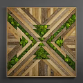 Green Plant Wall with Wooden Cross Strips and Geometric Decorative Design