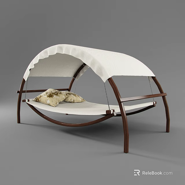 Modern Wooden Frame Hammock Lounger With White Canopy And Decorative Cushions 3d model 