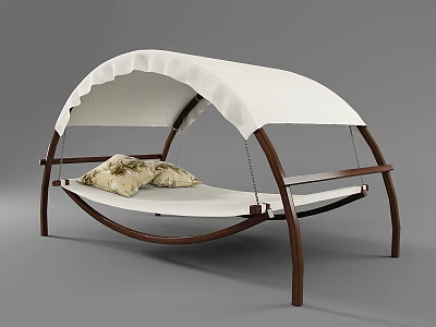 Modern Wooden Frame Hammock Lounger With White Canopy And Decorative Cushions 3d model