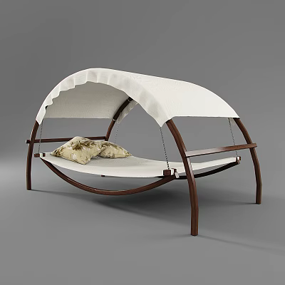 Modern Wooden Frame Hammock Lounger With White Canopy And Decorative Cushions 3d model