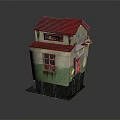 Cartoon Two Story House Scene With Dark Roof Beige Green Walls And Red Door Decor