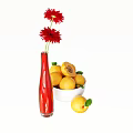 Fresh Ripe Apricots in White Bowl with Halved Fruit and Red Vase with Flowers