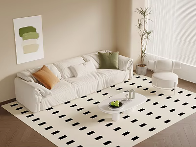 Stylish Living Room Interior With White Sofa Colorful Cushions And Geometric Pattern Rug 3d model