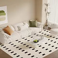 Stylish Living Room Interior With White Sofa Colorful Cushions And Geometric Pattern Rug