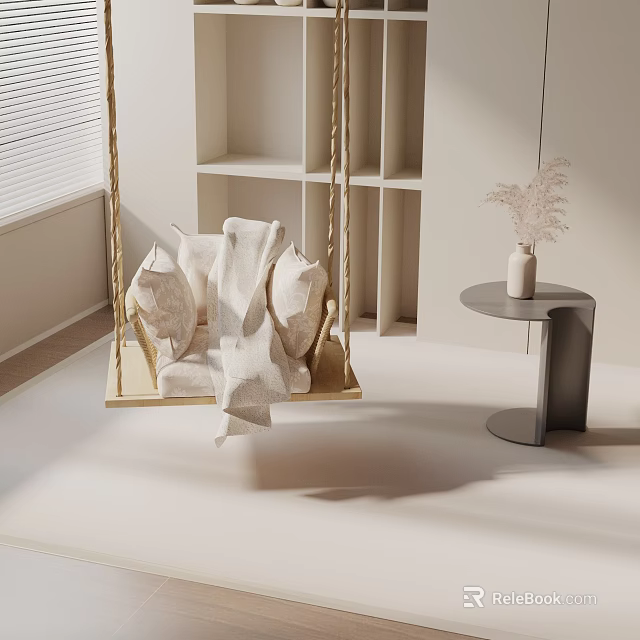 Cozy Beige Swing Chair With Pillows Blanket And Vase Near Side Table In Bright Room 3d model 