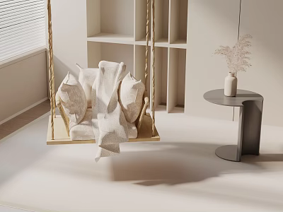 Cozy Beige Swing Chair With Pillows Blanket And Vase Near Side Table In Bright Room 3d model