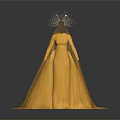 Woman In Yellow Sequined Robe With Head Decoration Against Gray Background With Reflective Floor