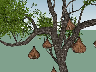 Tree With Hanging Woven Bird Nests And Green Leaves Against Blue Sky 3d model