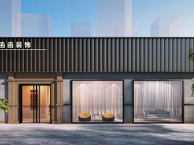 Modern Commercial Storefront Design with Black Metal Panel Walls Glass Door Windows and Interior Furniture 3d model