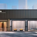Modern Commercial Storefront Design with Black Metal Panel Walls Glass Door Windows and Interior Furniture