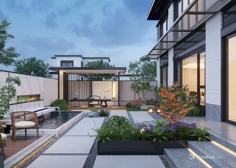 Modern Courtyard Garden Design With Stone Path Pool Plants And Wooden Chair Lighting 3d model 