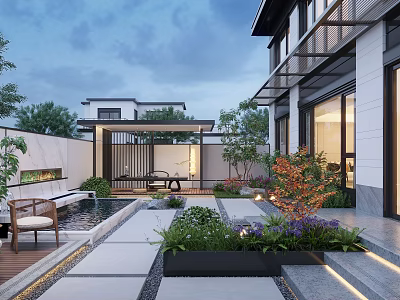 Modern Courtyard Garden Design With Stone Path Pool Plants And Wooden Chair Lighting 3d model