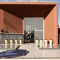 Residential Courtyard With Red Brick Buildings Tall Structure Green Lawn And Bronze Sculptures