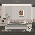 Modern Bedroom Interior Design With Upholstered Headboard Pillows Decorative Art Plant Wardrobe And Rug