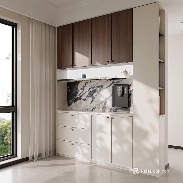 Modern Sideboard Cabinet with Dark Brown Upper Cabinets White Drawers Marble Countertop and Coffee Machine 3d model 