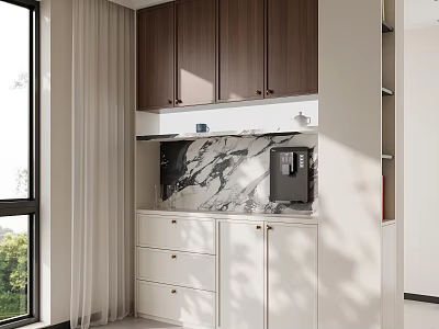 Modern Sideboard Cabinet with Dark Brown Upper Cabinets White Drawers Marble Countertop and Coffee Machine 3d model