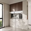Modern Sideboard Cabinet with Dark Brown Upper Cabinets White Drawers Marble Countertop and Coffee Machine