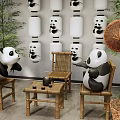Exhibition Hall With Panda Dolls Bamboo Chairs And Panda Patterned Lanterns 3d model