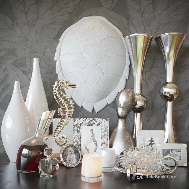 Elegant Decorative Ornament Set With White Vases Silver Candle Holders Seahorse Decor Photo Frames And Wall Decor 3d model 
