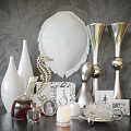 Elegant Decorative Ornament Set With White Vases Silver Candle Holders Seahorse Decor Photo Frames And Wall Decor