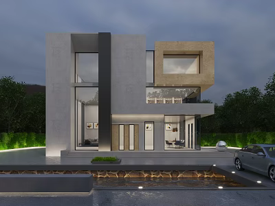 Modern Detached Villa Exterior Design With Large Glass Windows Greenery And Water Feature 3d model