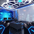 Modern Cyber Cafe Interior Featuring Blue Lighting Tech Style Walls Comfortable Sofas And Gaming Computers 3d model